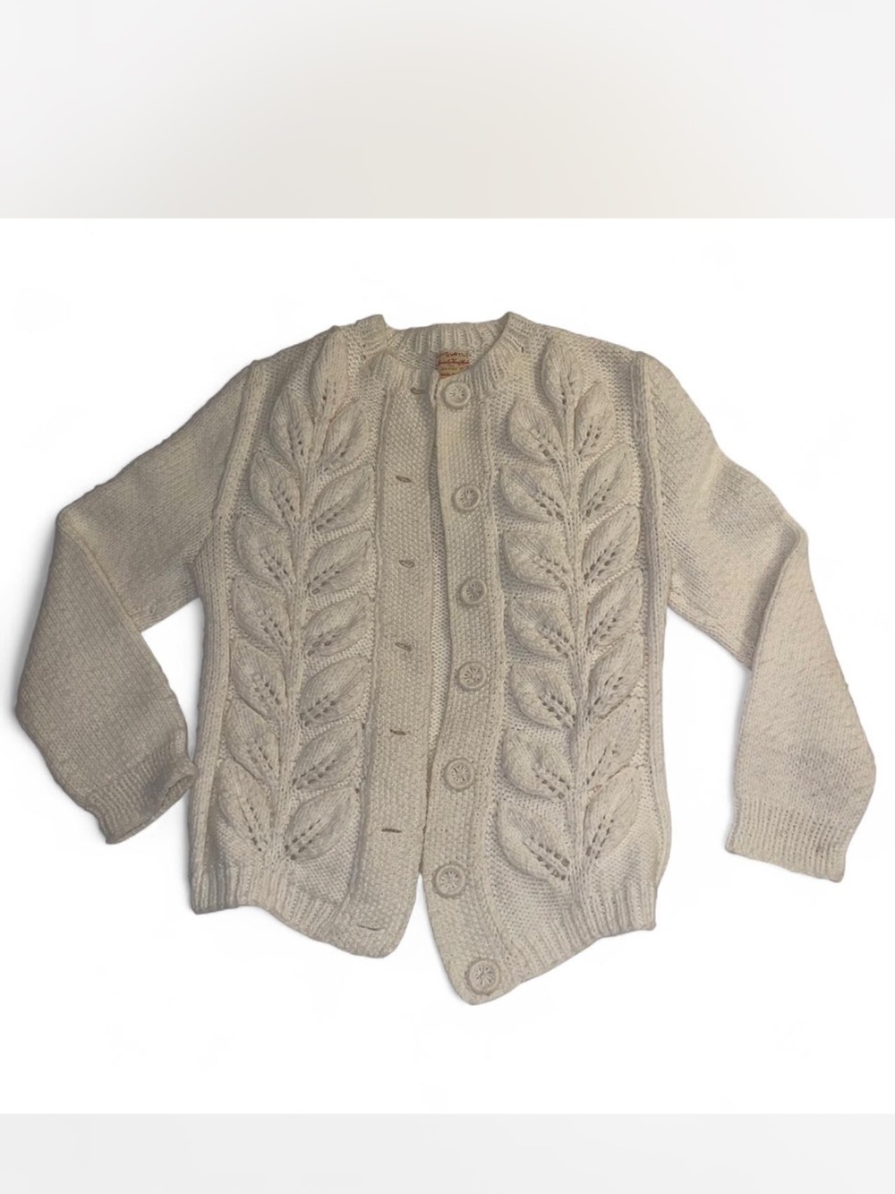 Vintage Hand Knit 3D Leaf Cardigan Cream Wool Cottagecore Cable Sweater Size M/L